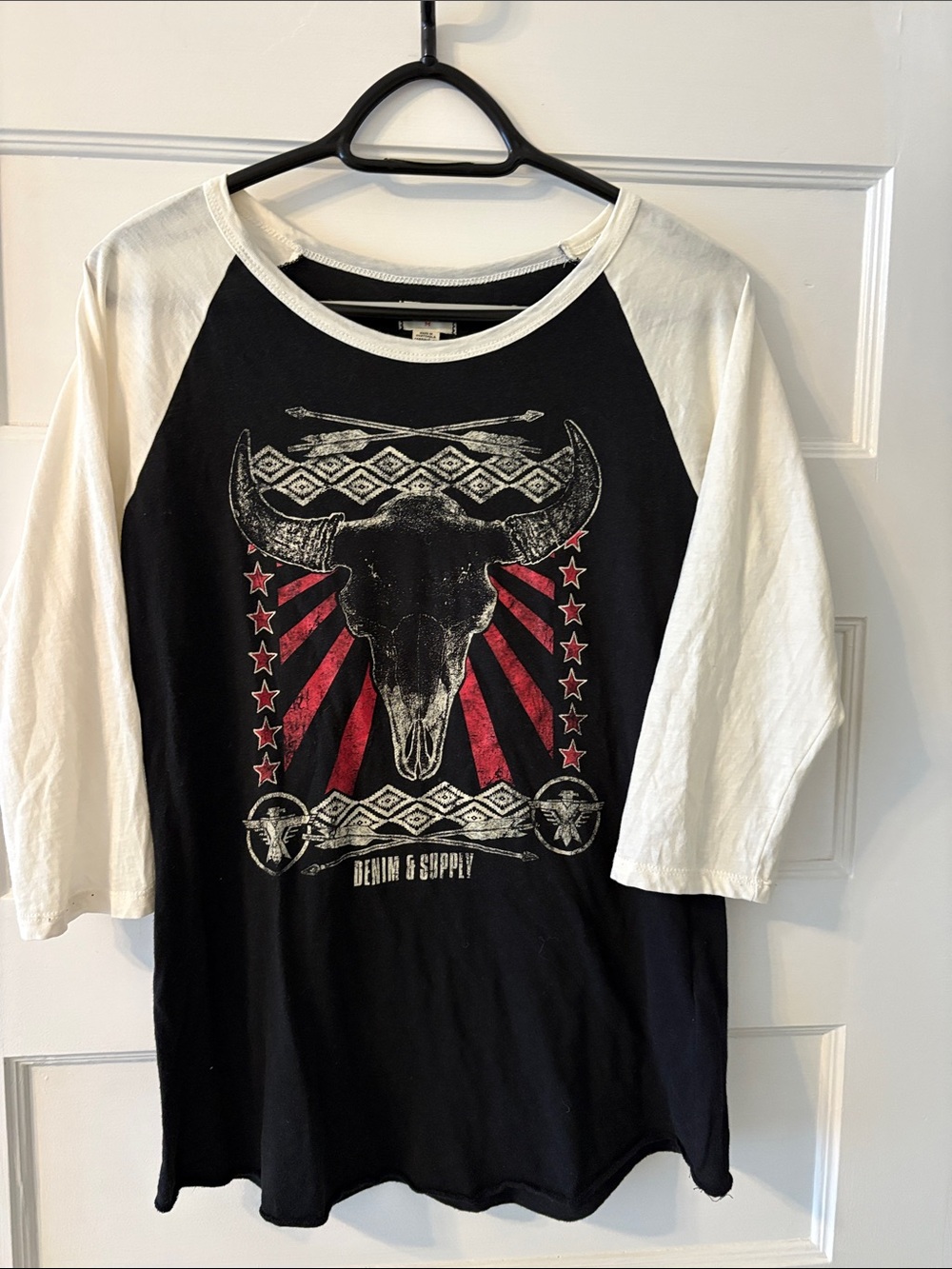 Women’s Black & White Raglan Long Sleeve Tee with Red Graphic